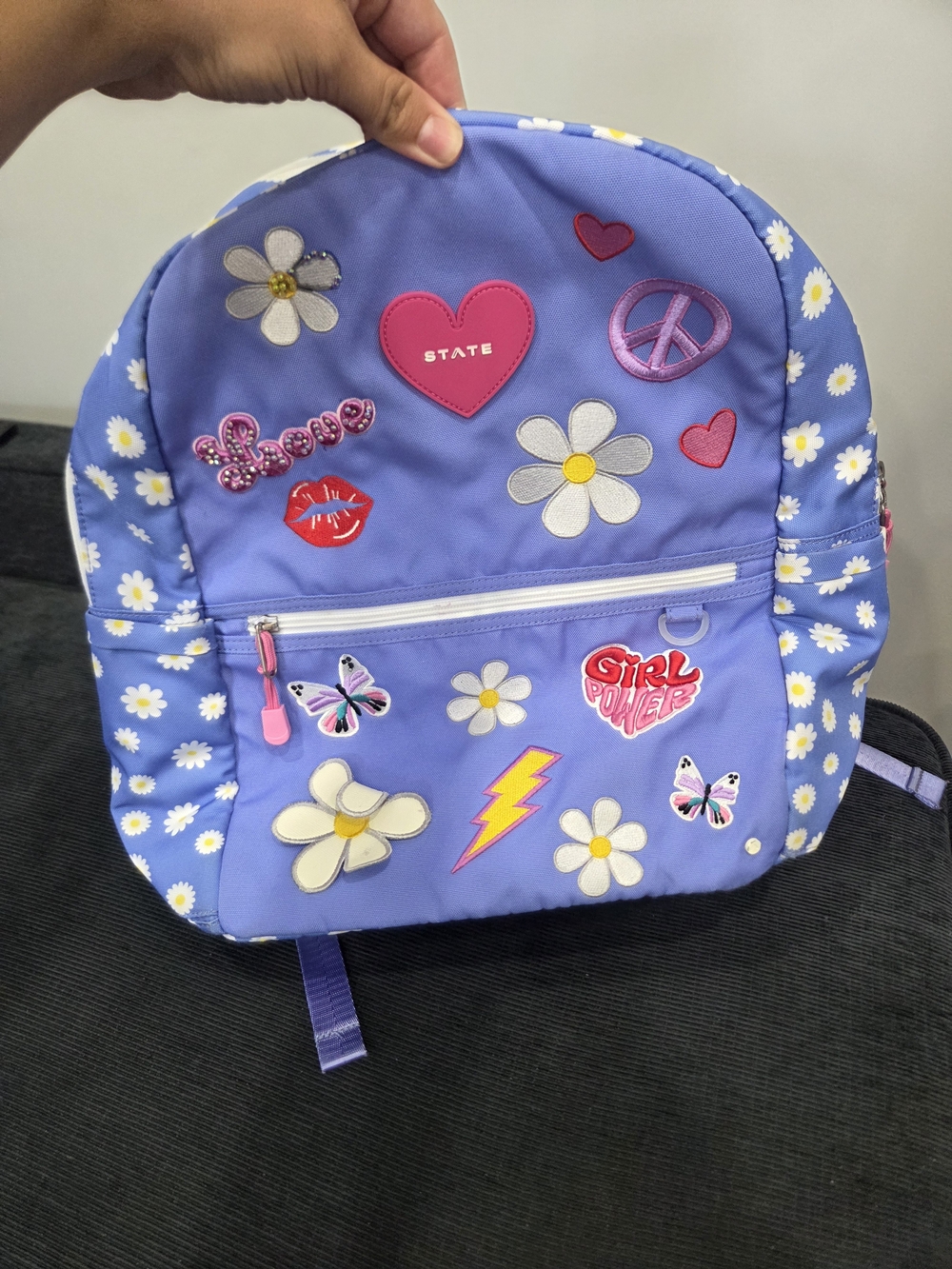 Purple Daisy Patch Kids Backpack with Girl Power Patches